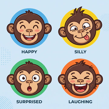 Set of four cute cartoon monkey face emojis with happy playful surprised laughing expressions on light blue background vector icon