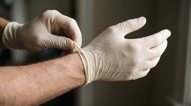 Hands pulling latex gloves onto wrist for hygiene, protection, and clean prep work in close view nea