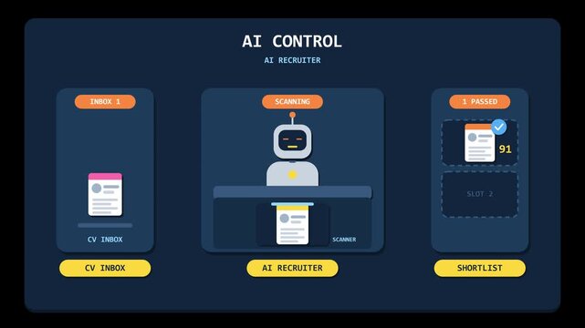 Animated AI recruiter robot scanning job application resumes and selecting top candidates for shortlist in modern digital recruitment dashboard interface system