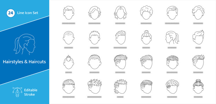 Line icons featuring various mens hairstyles and haircuts, including  men, set, line, barber, grooming, style, fashion, hair, fade, mohawk, buzz, cut, man, classic, fade, mohawk, and textured styles