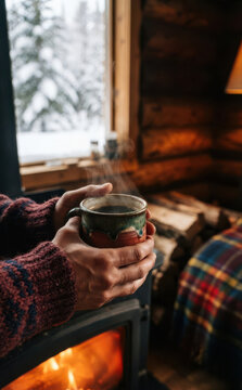 Cozy winter cabin interior with person holding a steaming mug of hot coffee near a warm fireplace and snowy window view representing comfort and relaxation