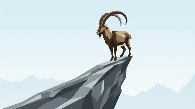 Ibex stands on rocky peak a vector illustration with a scenic backdrop