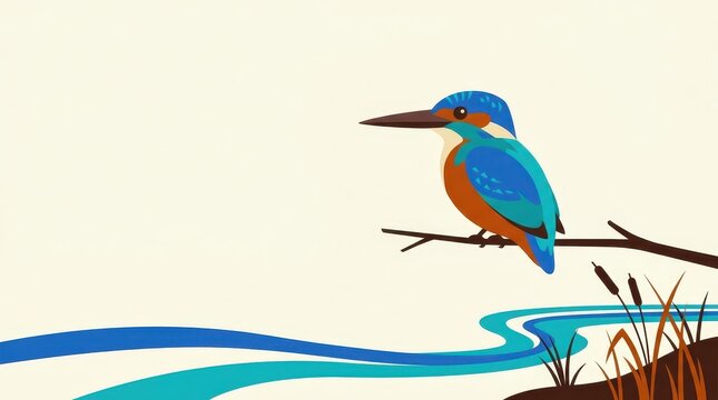 A colorful kingfisher perches on a branch above a winding stream vector illustration