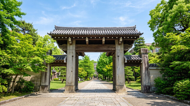 新緑がまぶしい初夏の日本の大学キャンパス・石の門柱がある大学の正門：オープンキャンパス・学生生活のイメージ