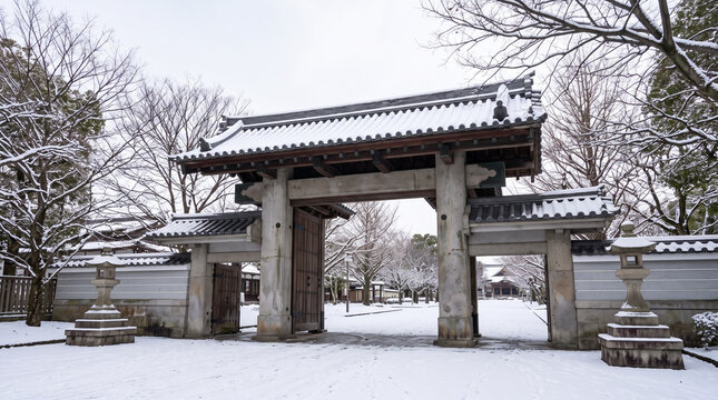 うっすら雪が積もった冬の日本の大学キャンパス・石の門柱がある大学の正門：受験・合格のイメージ