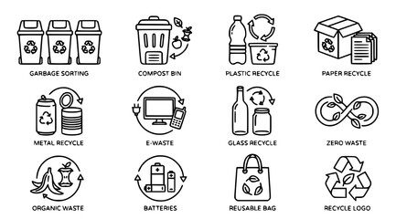 Waste management and recycling line art vector icon set featuring garbage sorting bins, compost bin, plastic recycle, paper recycle, metal recycle, e-waste, glass recycle, zero waste, organic waste, b © ABDUR