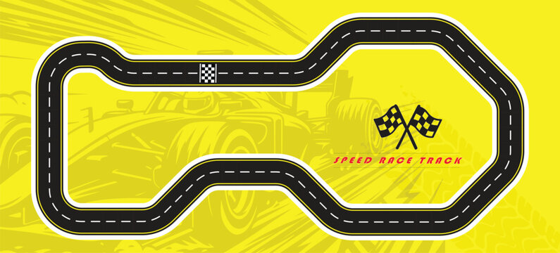 Speed Race Background. Race track in black color with tyre marks and city map on a white background.