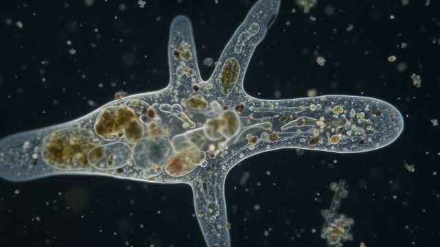 Microscopic view of a large amoeba moving by extending pseudopodia under a microscope.
