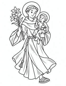 Saint Anthony of Padua black and white religious line art