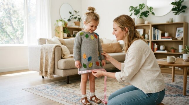 A mother is helping her young daughter put on a dress.