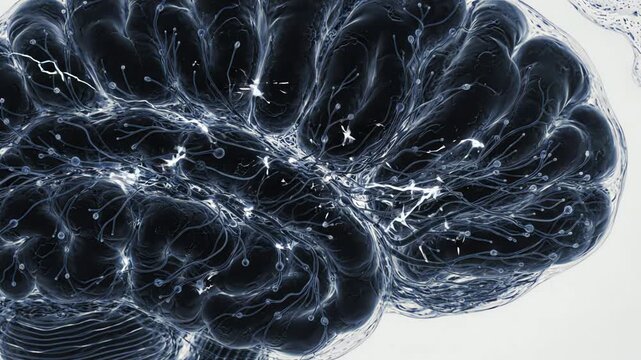Complex network of interconnected neurons glowing softly inside human brain tissue. As sleep deprivation progresses, coordinated neural signals become increasingly irregular 