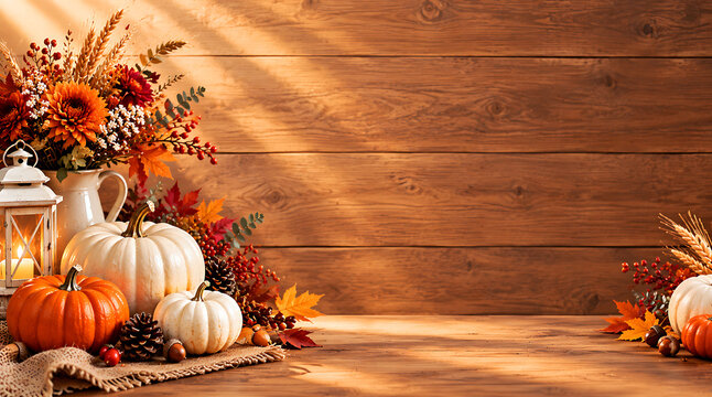 Cozy Autumn Harvest Background with Pumpkins, Fall Flowers, Rustic Wooden Table and Copy Space, Autumn Harvest Images, Thanksgiving Images, Harvest Fall Images, Harvest Background Wood Images.