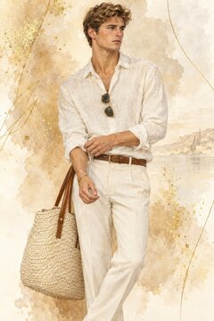 Handsome man in linen shirt with straw bag on artistic watercolor