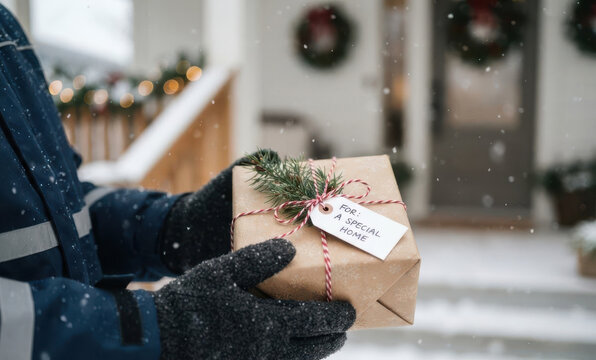 Delivery worker holding a wrapped Christmas present with a tag for a special home in winter snow