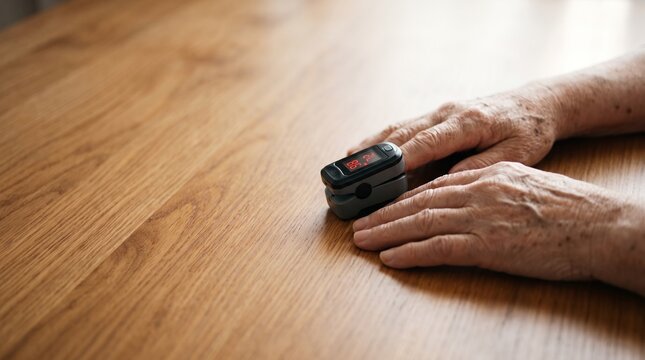 Close-up Photo of Patient Finger with Fingertip Pulse Oximeter on Table