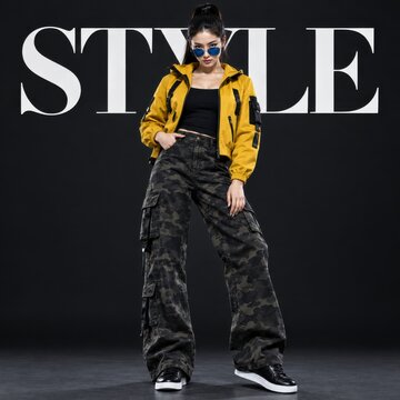 Style text with woman wearing yellow jacket and camo pants on black