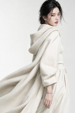 Woman wearing cream knit robe with belt and textured sleeve detail