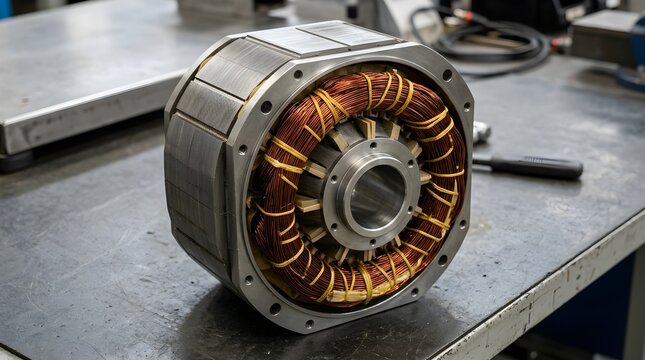 Close up view of an industrial electric motor stator with copper wire windings on a workbench.