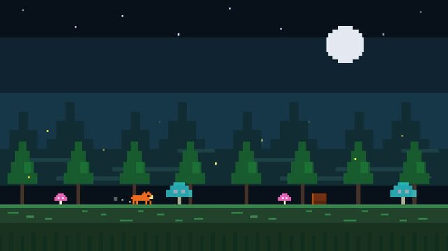Pixel art fox running through mystical nighttime forest