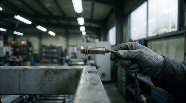 Hand holding metal proximity sensor beside machine