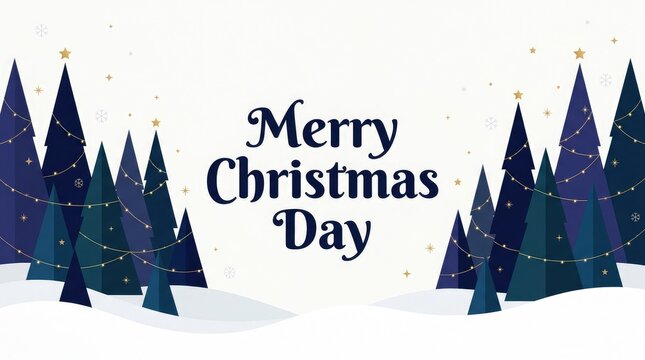 Merry christmas day greeting card featuring festive pine trees on a snowy landscape