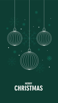 Emerald green christmas greeting card template with hanging white line art baubles and snowflake pattern background