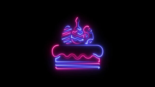 Neon glowing easter cake with decorated eggs on top in pink and blue light