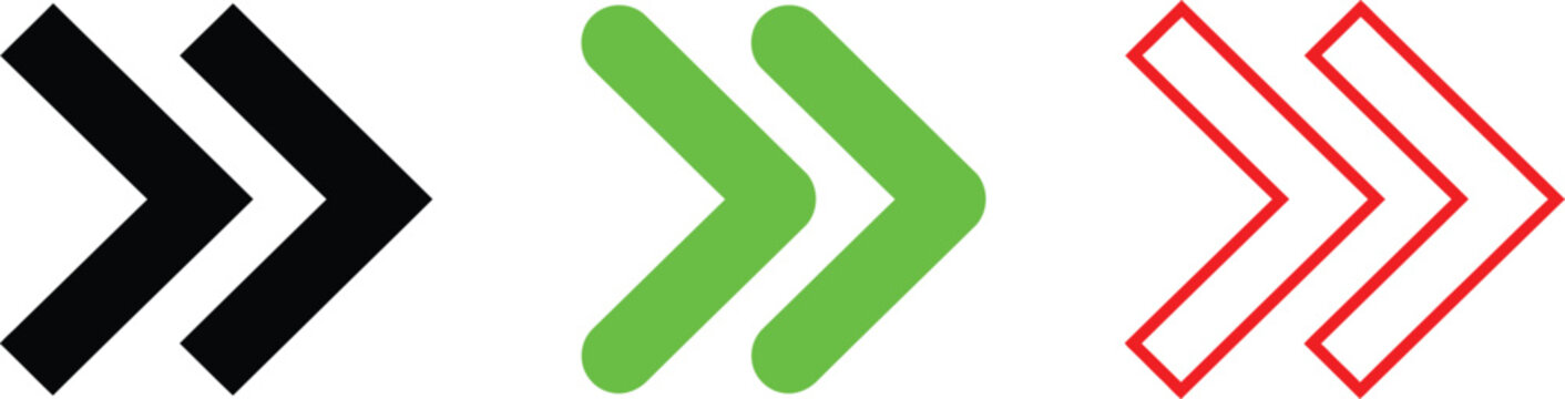 Double arrow directional signs in multiple styles for navigation and UI design elements with fast forward direction interface