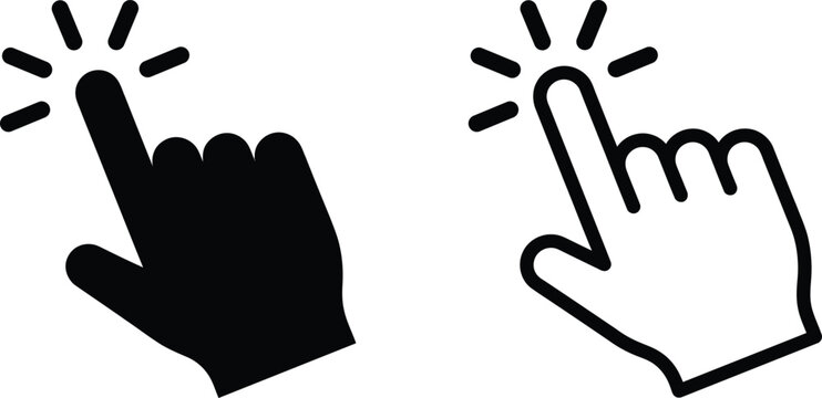 Pair of pointer hand cursors showing click action in solid and outlined graphic styles with cursor mouse interface element clicking