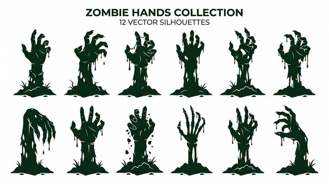 Creepy zombie hands rising from graveyard earth silhouettes set in dark green vector graphic design