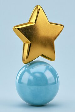 Golden star balanced precariously atop a shiny blue sphere.