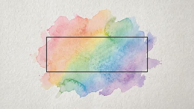 Rainbow watercolor paint bleeding on textured white paper inside frame