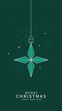 Minimalist emerald green christmas greeting card template with hanging line art star pendant ornament.