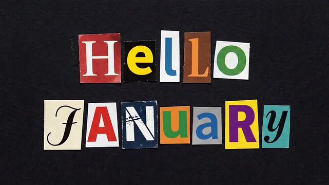 Cut out letters spelling hello january on dark background