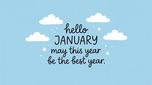 Cute animated typography welcoming January with clouds on blue background