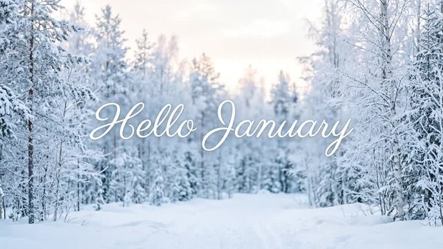Elegant cursive text saying Hello January displayed over a peaceful snowy forest path during a cold winter day