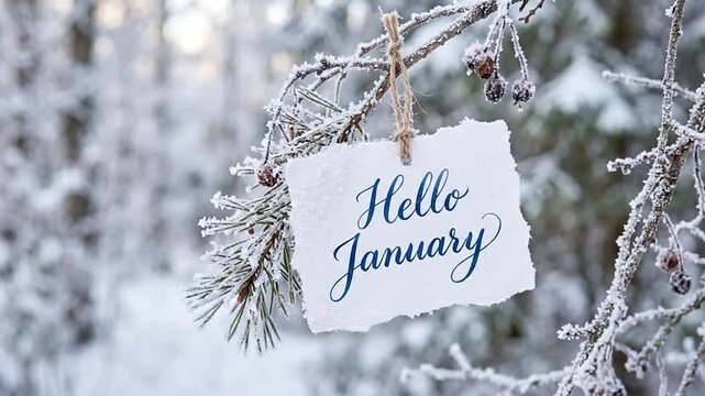 Hello January calligraphy greeting card hanging on a frosted pine branch