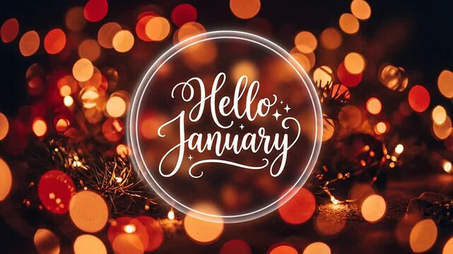 Hello January glowing text animation with warm festive bokeh lights background