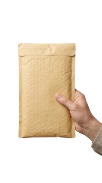 Hand Holding Brown Kraft Padded Bubble Mailer Envelope for Ecommerce Shipping on White Background