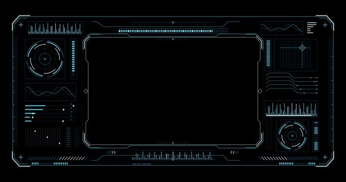 4k Resolution Video: Futuristic HUD Interface. Cyan Technical Dashboard Frame With Charts, Radar Displays, Data Panels And Central Screen Animating On Black Background
