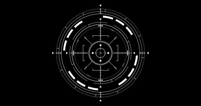 4k Resolution Video: Futuristic HUD Targeting Interface. Circular Reticle With Crosshair, Rings, Markers And Technical Indicators Animating On Black Background