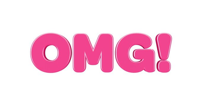 4k Resolution Video: Surprise Reaction Concept. Glossy Pink OMG Text With Exclamation Mark Animating On White Background, Symbolizing Shock, Amazement And Excitement With Alpha Matte
