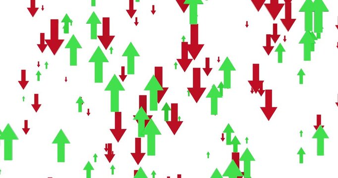 4k Resolution Video: Market Volatility Concept. Animating Green Upward And Red Downward Arrows Show Mixed Financial Trends On White Background With Alpha Matte