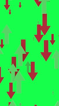 4k Resolution Video: Market Volatility Concept. Animating Green Upward And Red Downward Arrows Show Mixed Financial Trends On Green Screen Chroma Key Background With Alpha Matte