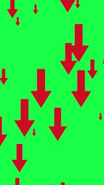 Market Decline Concept. Red Downward Arrows Animating  Falling Across A Green Screen Chroma Key Background, Symbolizing Recession, Loss, Decrease And Negative Business Trends With Alpha Matte