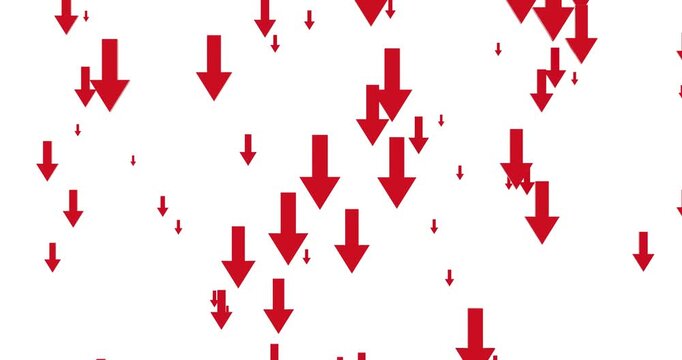 4k Resolution Video: Market Decline Concept. Red Downward Arrows Animating  Falling Across A White Background, Symbolizing Recession, Loss, Decrease And Negative Business Trends With Alpha Matte