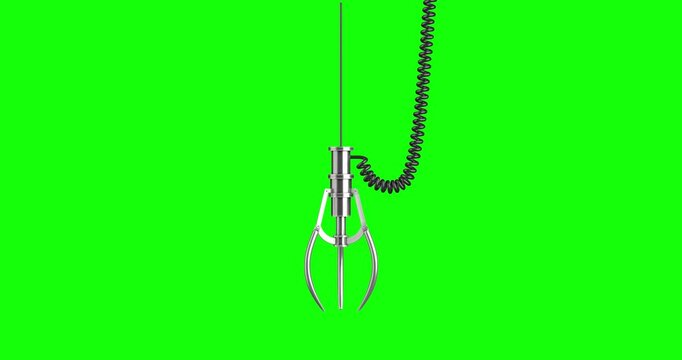 4k Resolution Video: Selection, Opportunity, Grabbing, Arcade And Prize Concept. Metal Claw Game Machine Mechanism With Coiled Cable Animating On Green Screen Chroma Key Background With Alpha Matte