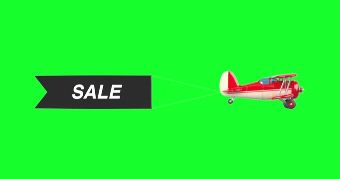 4k Resolution Video: Sale And Advertising Concept. Classic Red Biplane Flies Animating While Towing A Black Sale Banner On Green Screen Chroma Key Background With Alpha Matte