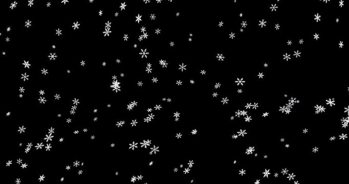 4k Resolution Video: Winter Snowfall Animation. White Snowflakes Falling Animating Across Black Background For Festive Seasonal Holiday Scenes