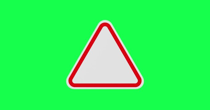 4k Resolution Video: Warning And Safety Concept. Blank Red Triangular Warning Sign With Empty White Center Animating On Green Screen Chroma Key Background With Alpha Matte